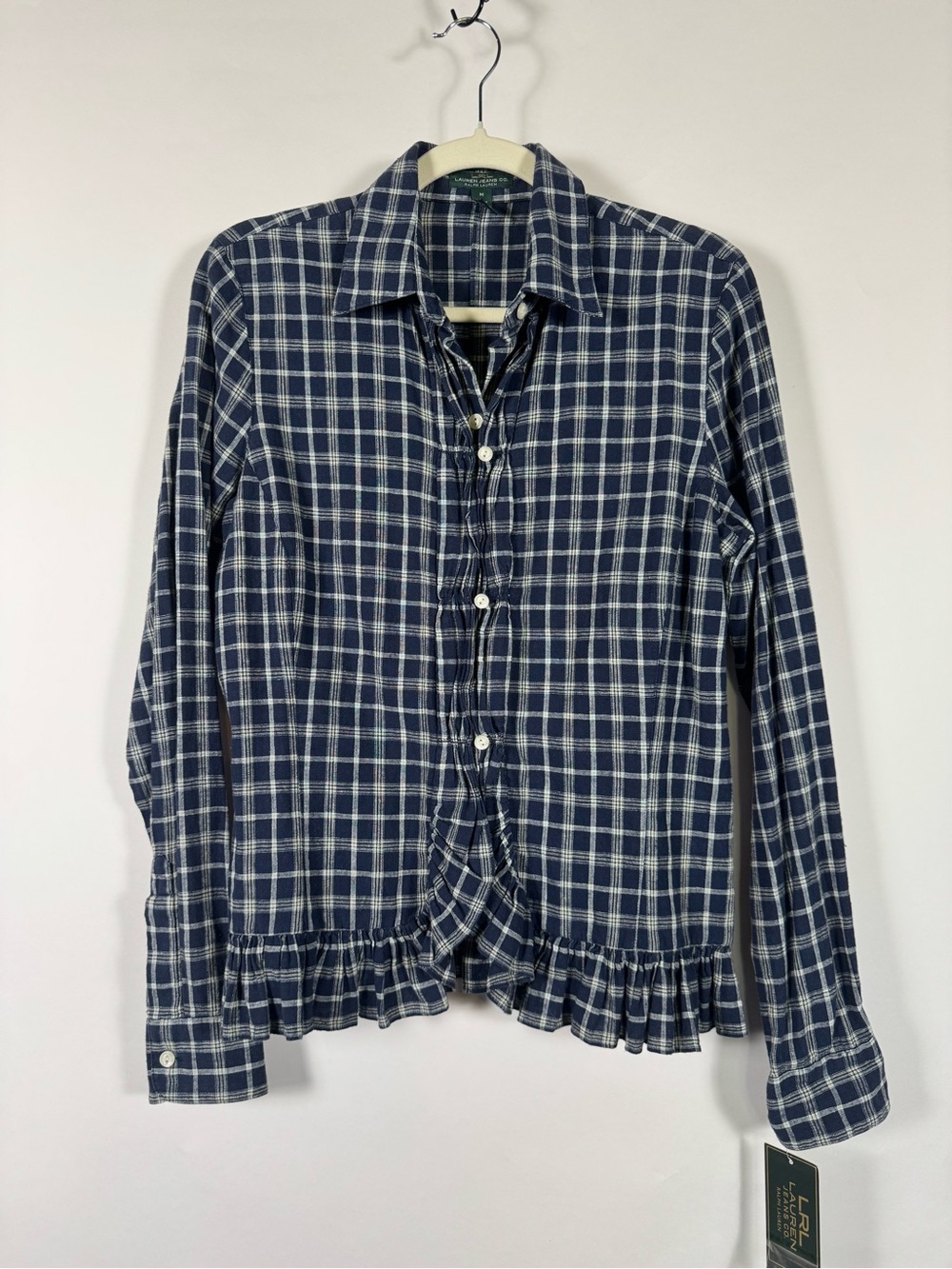 LRL Jeans Co NWT Plaid Ruffle Front Shirt M Country Preppy Classic Equestrian